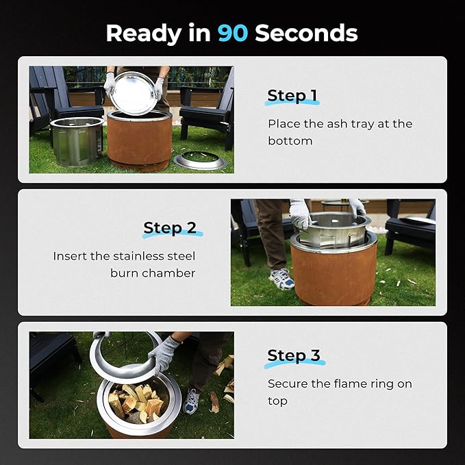 KOL 20" Dia Smokeless Fire Pit Outdoor with Pre-Rusted Finish, 16 Gauge Corten Steel & 201 Stainless Steel Wood Burning Firepit, Backyard Patio Rotary Flame Stove with Removable Ash Pan