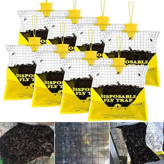 Glovv Fly Traps Outdoor Hanging with Fly Bait, 8 Pack Disposable Bags Hunter Ranch Trap, Flies Control Bug Catcher Killer Repellent for Stable Horse Barn & Farm
