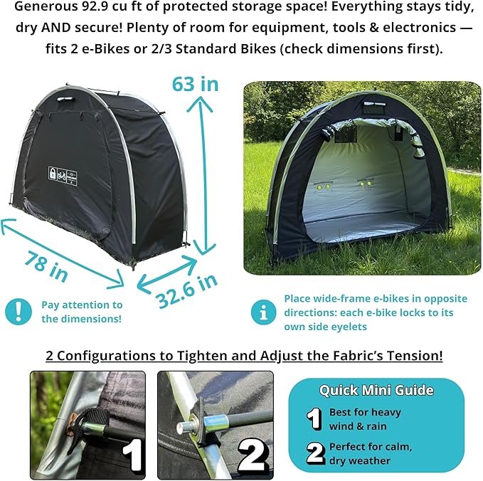 Anti-Theft Outdoor Storage Shed | Triple-Security Tent: Rugged Zipper Lock, Rear Security Anchoring, Privacy Mesh Cover | Protecting Valuable Gear & Bikes | Portable Weatherproof | Fits 2 e-Bikes