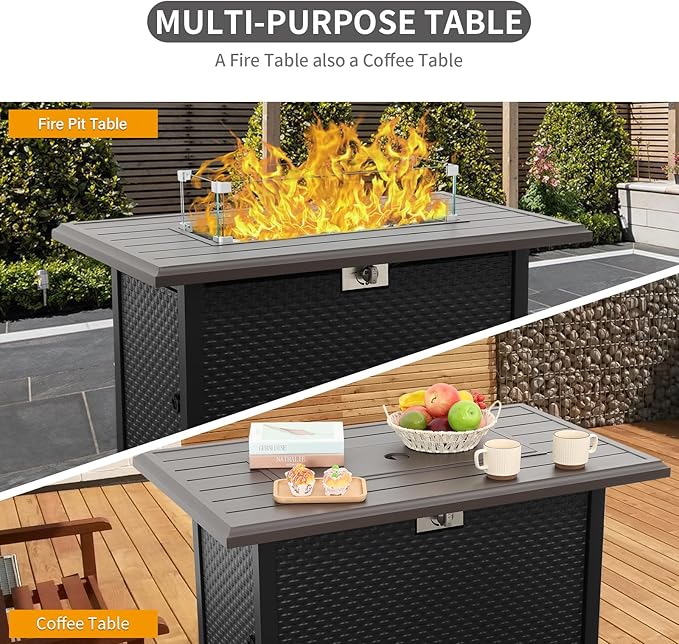 45 Inch Fire Table for Outside 60000 BTU Steel Gas Fire Pit Outdoor Fire Pit Table with Grille Tabletop Glass Wind Guard Fire Pit Cover and Blue Crystal Beads