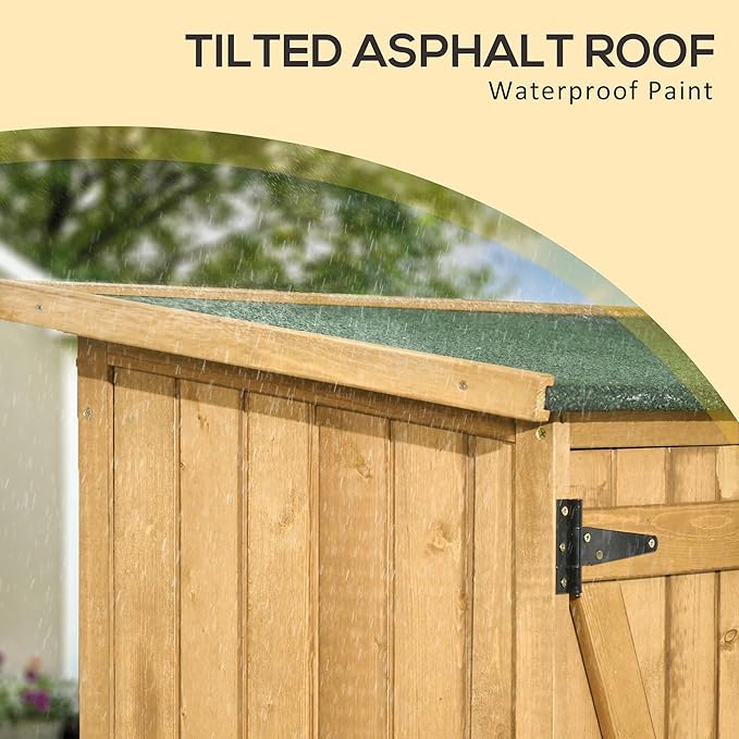 Outsunny Outdoor Storage Cabinet Wooden Garden Shed Utility Tool Organizer with Waterproof Asphalt Rood, Lockable Doors, 3 Tier Shelves for Lawn, Backyard, Natural