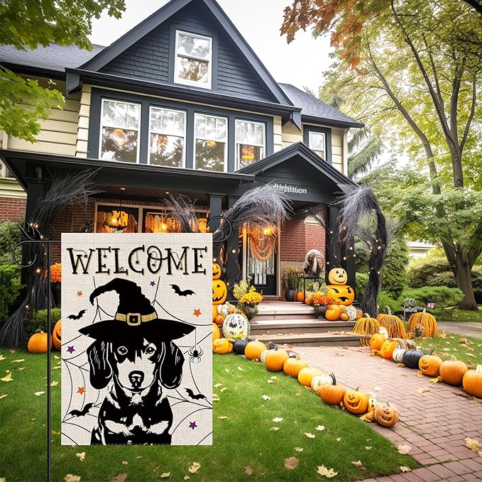 Halloween Garden Flag Dachshund Cobweb Bats Double Sided Vertical Welcome Flag Seasonal Holiday Outdoor Yard Lawn Party Decorations 12.5 x 18 Inch