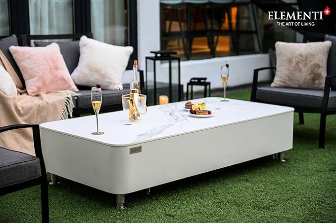 Elementi+ | Athens Gas Fire Pit | Cast Concrete Body & Marble Porcelain Top | 62" Rectangular Fire Table | Electronic Ignition | Canvas Cover, Fire Glass & Burner Lid Included | White | Natural Gas