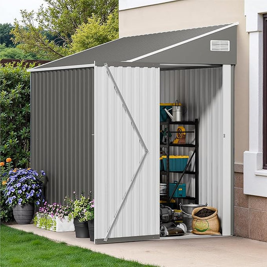 4x8 Lean to Metal Shed - Grey, Heavy-Duty Outdoor Storage for Bikes, Tools, Lawn Mowers & Firewood, Rust-Resistant Wall Side Design Sheds with Lockable Door, Waterproof Coating & Sloped Roof