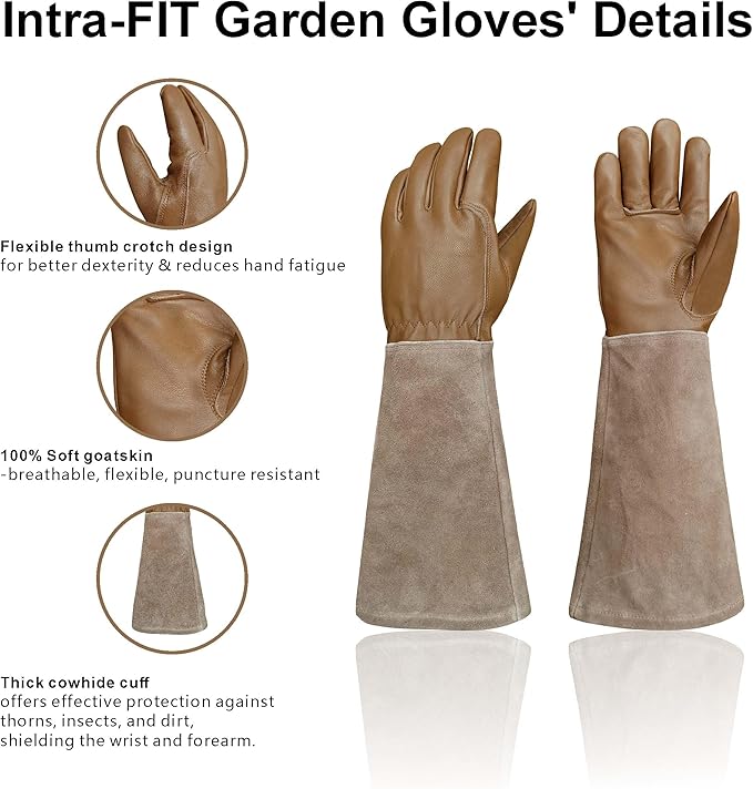 Leather Gardening Gloves – Goatskin Palm & Cowhide Cuff, Thorn-Resistant Long Garden Work Gloves for Men & Women(XS)