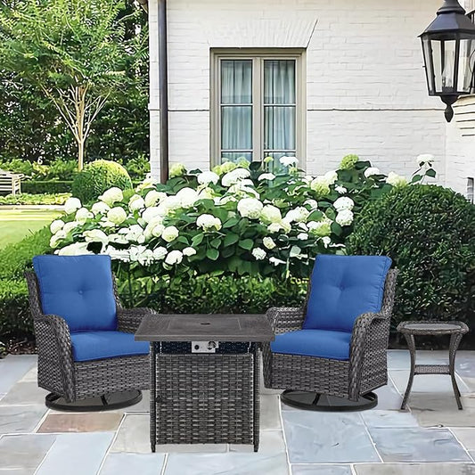 4 Pieces Patio Furniture Set with Fire Pit 50,000 BTU,Outdoor Swivel Rocker Chairs Set of 2 with PE Rattan Side Table,Wicker Outdoor Conversation Set with Rocking Chairs