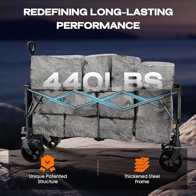 Navatiee 300L Extra Large Collapsible Wagon Cart Foldable, 48''L Extended Heavy Duty Folding Beach Wagon with 440LBS Weight Capacity and Big Wheels, Utility Garden Cart for Sports Camping