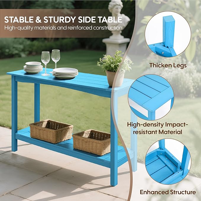 Weatherproof HIPS Outdoor Console Table, 48'' 2-Shelf SideTable Indoor/Outdoor Use, Multifunctional Buffet Table Bar Storage Organizer for Entryway,Yard, Patio, Outside Plant Stand Table, Blue