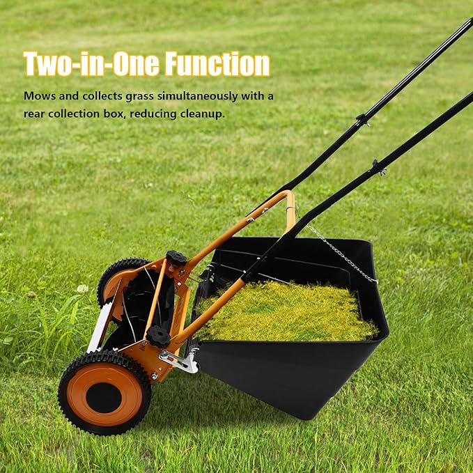 16" Manual Push Reel Lawn Mower - Hand Push Lawn Mower with Bag, Steel & Aluminum 2-in-1 Grass Cutter, Adjustable Cutting Height 0.47-1.65" for Small Yards, Gardens (Orange/Black)