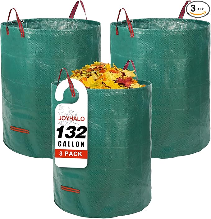 Joyhalo Reusable Yard Waste Bags, 132 Gallon Lawn And Leaf Bags 3 Pack, Heavy Duty Garden Bags With Gardening Gloves, Standable Garden Waste Bag With 4 Handles, Camping Yard Recycling Bag For Leaves