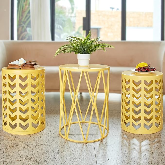 Y&M Nesting Side Table, Set of 3 Stacking Coffee Table for Living Room, Indoor End Tables, Outdoor Decorative Garden Stool with Heavy Duty Metal Frame Modern Industrial Decor - Yellow