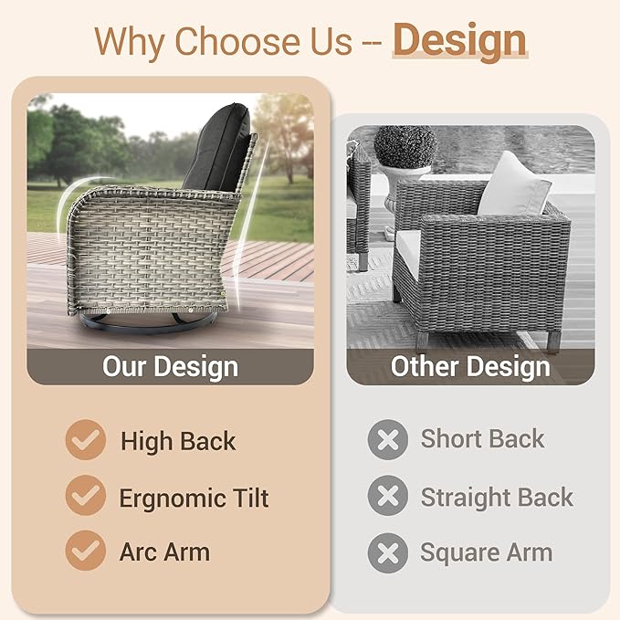 HOOOWOOO Outdoor Patio Bistro Set,3 Pieces Wicker Out Door Swivel Rocking Chair with Matching Side Table,Patio Furniture Sets,Black