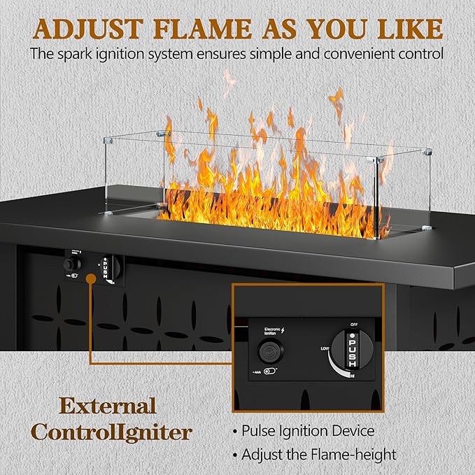 JAMFLY Propane Fire Pit Table, 43'' Gas Fire Pits Table for Outside, 2 in 1 Propane Fire Pit 50,000 BTU with Lava Rocks, Glass Wind Guard, Waterproof Cover and Lid