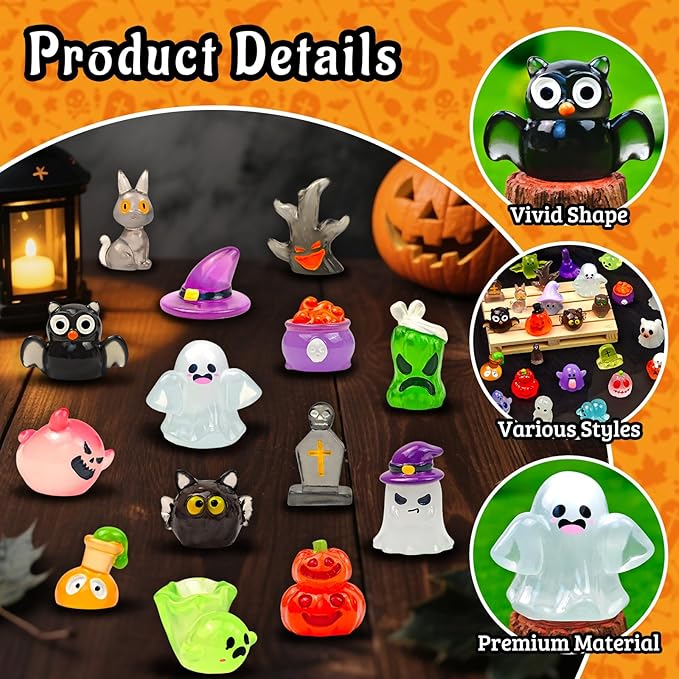 38 Pcs Halloween Luminous Mini Resin Figures Glow in The Dark Tiny Little Pumpkin Ghost Skull Miniature Figurines Bulk for Halloween Party Micro Landscape Fairy Garden Decor