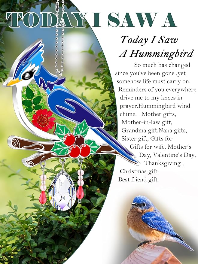 KY&BOSAM Crystal Blue Bird Suncatcher Handmade Bird Sun Catcher for Windows with Real Dried and Pressed Flowers Heart Charm Engraved with Crystal Gifts for Mom Mother`s Day Birthday
