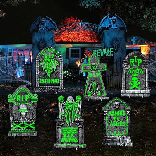 25"x16"Spooky Halloween Gravestones Yard Sign Glow in The Dark, 6Pcs Tombstones for Outdoor Yard Decor, Waterproof and Durable Cemetery Decorations for Grave, Garden and Party, Haunting Effect