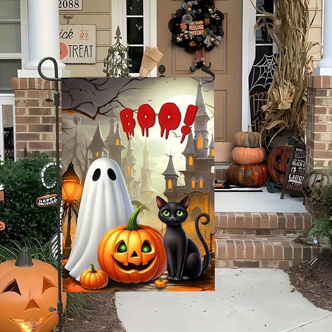 Halloween Welcome Garden Flag 12 x 18 Double Sided Decorations Black Cat BOO Spooky Ghost Pumpkin Garden Flag Holiday Yard Banner Indoor Outdoor House Décor Party