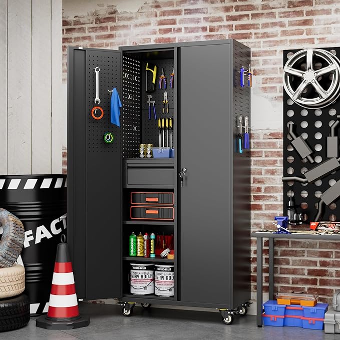 71" H Garage Storage Cabinet with Wheels and Doors,Metal Tool Storage Cabinet with Pegboard and Drawer for Garage Warehouse Home,Required Assembly,Black