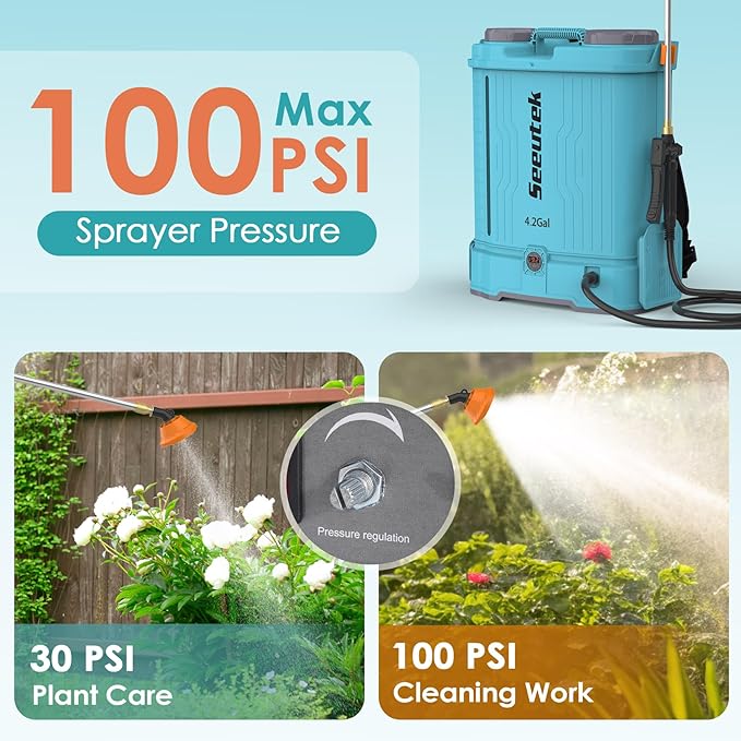 Seeutek Backpack Sprayer Battery Powered 4.2 Gallon, 0-100 PSI Electric Back Pack Sprayer with Mix Function, Weed Yard Sprayer with Telescopic Wand, 6 Nozzles, 21V 2.6Ah Battery & Charger Included