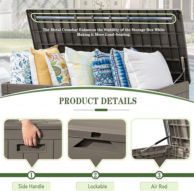 Greesum 100 Gallon Resin Deck Box Large Outdoor Storage, Imitation Rattan Weave Texture for Patio Furniture, Garden Tools, Pool Supplies, Weatherproof and UV Resistant, Lockable, Light Coffee