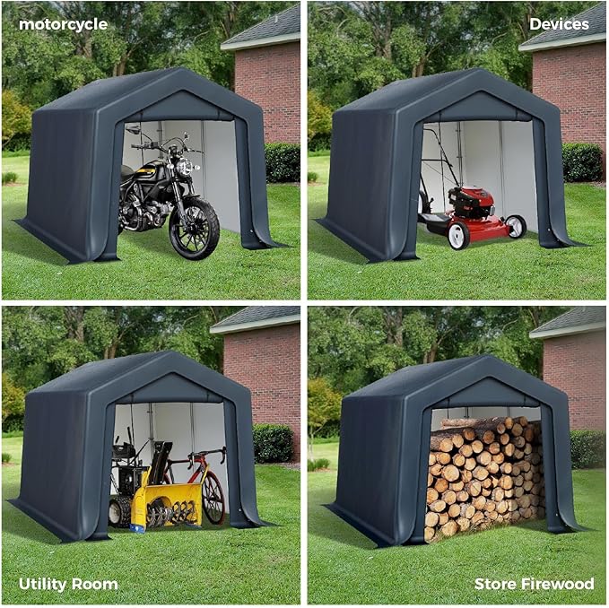 GREEN PARTY Storage Shelter Shed, 8x12 ft Portable Shed Outdoor Carport with Roll-up Zipper Door & Vents, Outdoor Storage Shed Portable Garage for Motorcycle, Bike, Waterproof & UV Protected, Gray