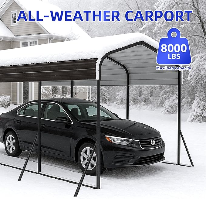 12x24 Metal Carport with Base Fixings Heavy Duty Garage Outdoor Chrome Plated Frame and Sheet Metal Construction Suitable for Boats, Cars, Tractors and Agricultural Equipment, Dark Gray