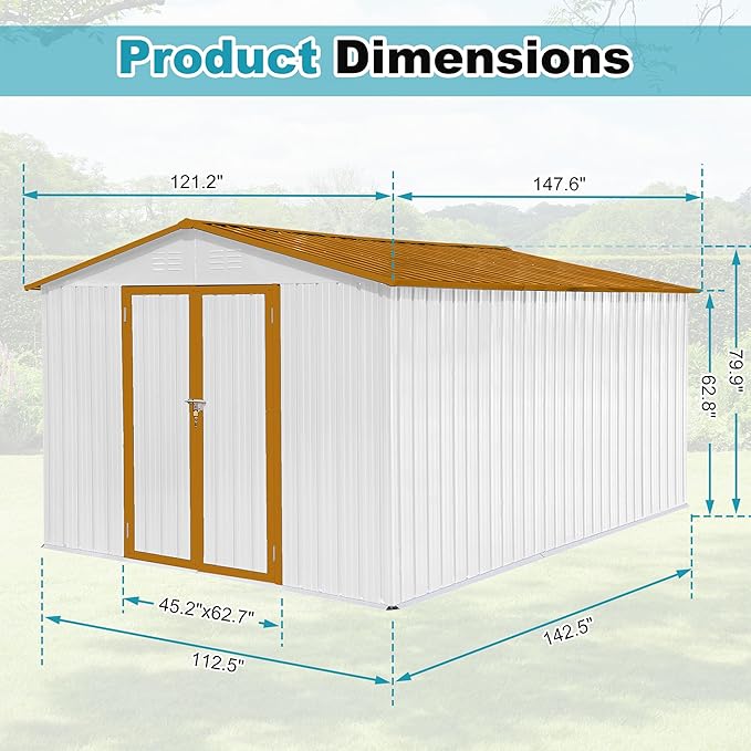 10x12 FT Outdoor Storage Shed, Metal Tool Shed with Lockable Doors & Peaked Roof, Garden Shed with Vented Design for Backyard Garden Patio Lawn, White+Yellow