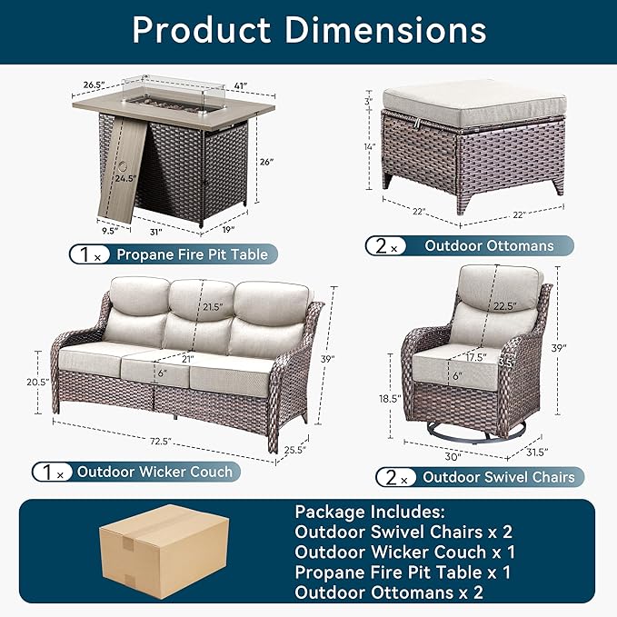 Luxury High Back Outdoor Furniture 6-Inch Thick Cushions with 50,000 BTU Gas Propane Fire Pit Tablet, Patio Furniture Set with Swivel Chairs, 6 PCS for Porch, Balcony, Deck and Yard