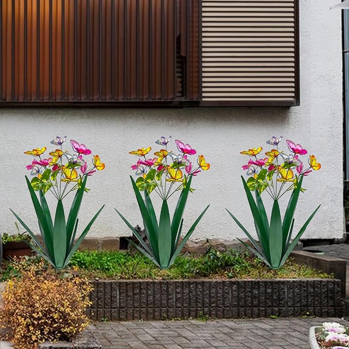 TOMBABY Garden Outdoor Butterfly Enlarge Thickened Wind Resistant Metal Agave Garden Art Metal Plant Country Sculpture Statue Decorations Ornaments Artificial Waterproof Butterflies(Green 2pcs)