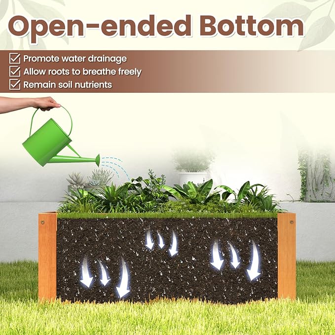 Giantex 3-in-1 Outdoor Bench with Large Raised Beds & 2 Planter Boxes, Wood Raised Garden Bed with Open Base, Weather-Resistant Deep Planter Boxes for Flowers Fruit Vegetable, DIY Assembly