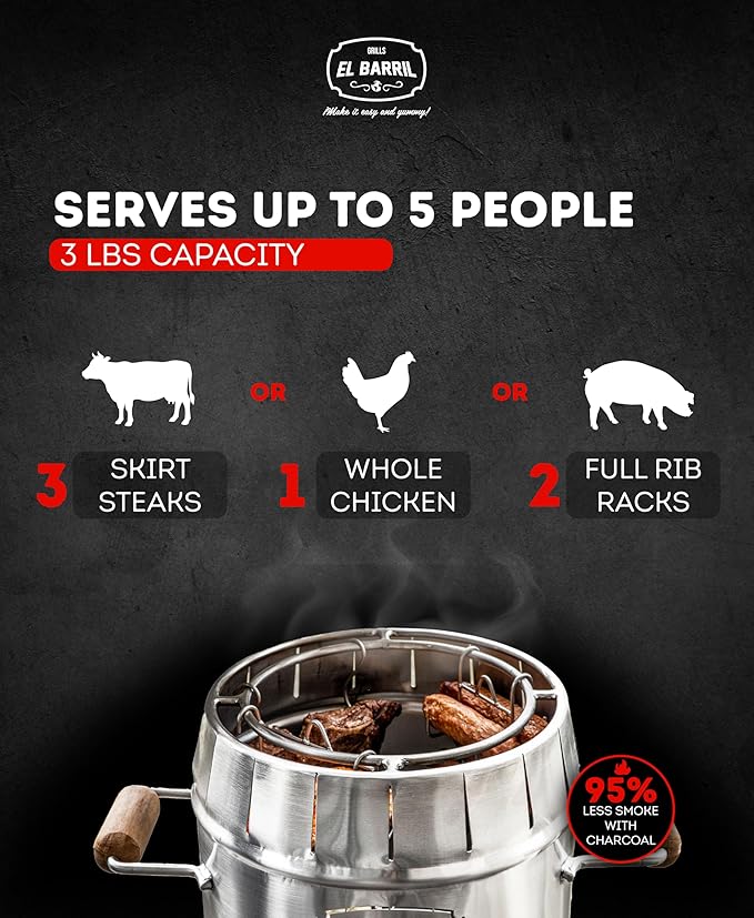 EL BARRIL 3lbs Smoker Grill Combo, Stainless Steel Barrel Charcoal Smoker – Smoke or Grill, Portable with Grilling Accessories