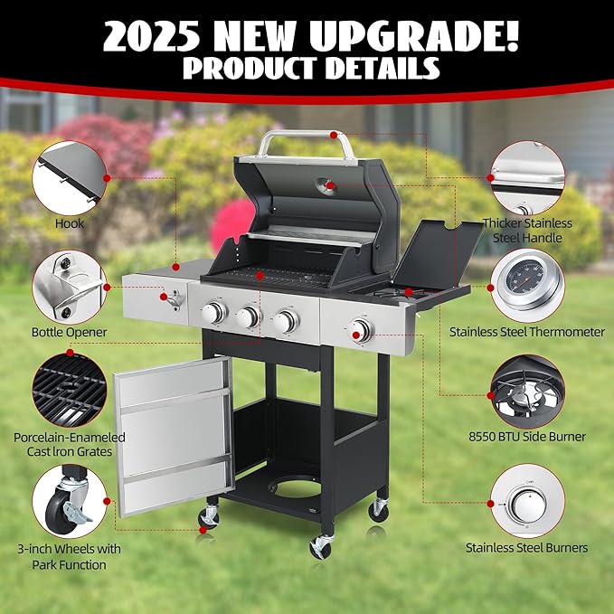 3-Burner Propane Gas Grill with Side Burner, 37,000 BTU Outdoor BBQ Grill with Porcelain-Enameled Cast Iron Grates, Thermometer, Double Layer Lid Stainless Steel Grill for Outdoor Cooking, Patio BBQ