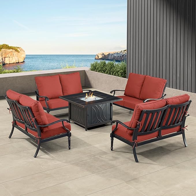 Oakland Living Black Aluminum Patio Fire Table Set with Four Deep Seating Loveseat with Cushions with Red Cushions