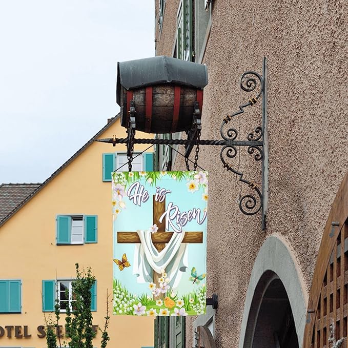 Christian Easter He Is Risen Cross Spring Garden Flag Welcome Party Outdoor Outside Decorations Picks Home House Garden Yard Decor 12x18 Inch