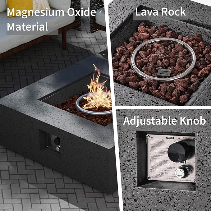 SUNBURY Outdoor Fire Pit, 35" Square Propane Gas Patio Fire Table 50,000 BTU Concrete Travertine Design, CSA Certified, Low Firepit Table with Lava Rocks, Waterproof Cover (Grey)