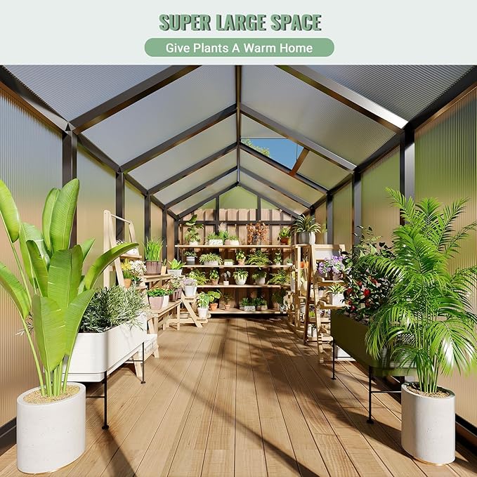 Greenhouse, 6x10 FT Greenhouse for Outdoors, Walk-in Green House with Ground Nails and Vent Windows, Sliding Lockable Door, Polycarbonate Green House for Outside Garden Backyard, Quick Setup, Black