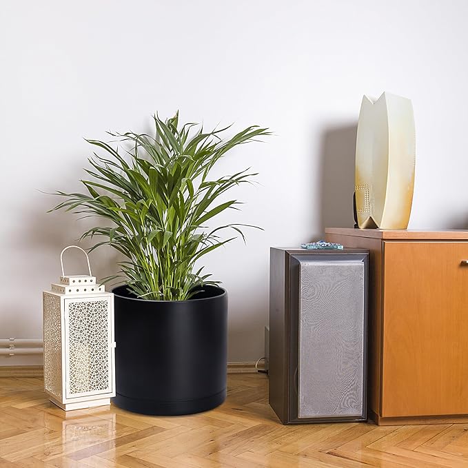 D'vine Dev 12 Inch 14 Inch 16 Inch, Set of 3 Plastic Planter Pots for Plants with Drainage Hole and Seamless Saucers, Black Color, XXX-Large, 74-V-B-7