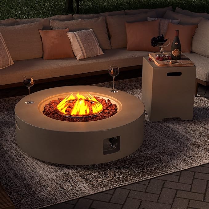 SUNBURY Outdoor 42 Inch Propane Fire Pit Table, Circular Gray Patio Fire Table 50,000 BTU w 20 lbs Tank Cover, Waterproof Cover, Free Lava Rocks