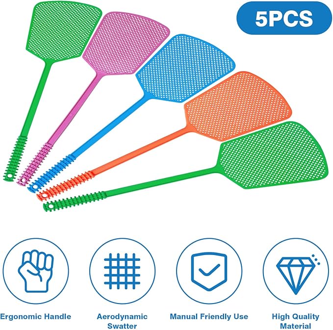 Wapodeai 5 Pack Fly Swatter, Plastic Heavy Duty Manual Fly Killer, Long Handle Flyswatter, Large Bug Swatters, Work for Indoor and Outdoor, Blue Green Pink Orange