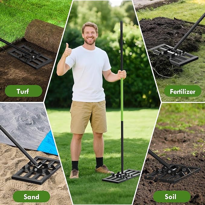 Seeutek Lawn Leveling Rake, 17” x 10” Lawn Leveler with 6.5FT Stainless Steel Handle Rakes for Lawns, 0-180° Adjustable Ground Leveler Tool for Yard, Level Soil Sand Dirt Surfaces