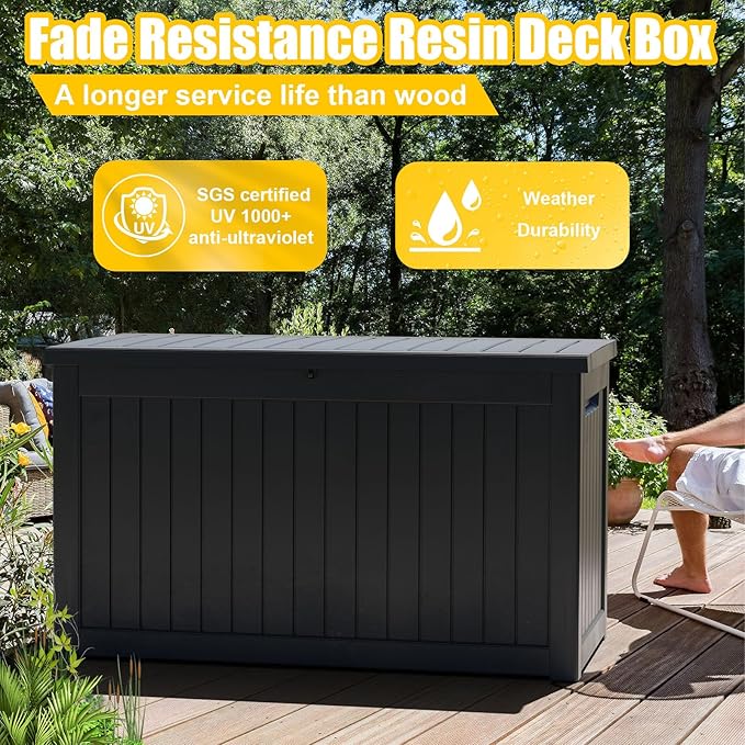 ROJIK Outdoor Storage Housing Deck Box,Waterproof Patio Furniture, Garden Tools,Cushions,Pool Accessories Storage Bench with Lockable Lid and Side Handles (Black,230 Gal)