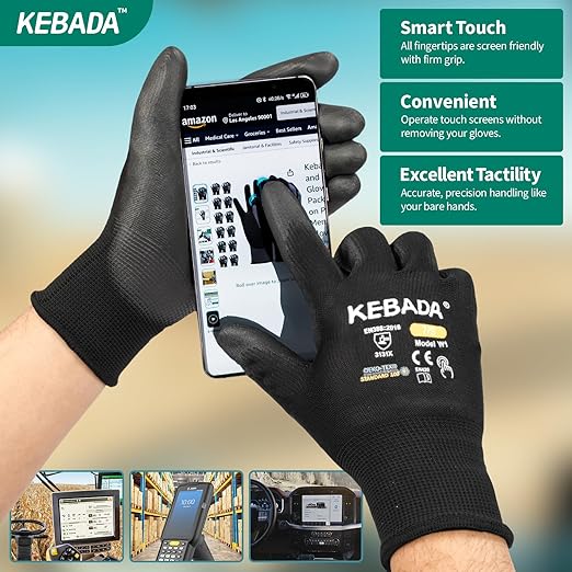 Kebada W1 Safety Work Gloves, PU Coated Touch Screen Work Gloves with Grip, Bulk Pack Working Gloves for Warehouse, Construction, Gardening and Mechanic Use, Black, 50 Pairs, Small
