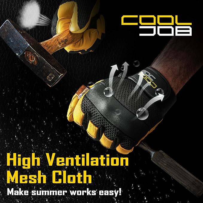 COOLJOB Breathable Mesh Cowhide Leather Work Gloves with Grip, Thorn Resistant Gloves for Gardening Pruning, 1 Pair, S-XL