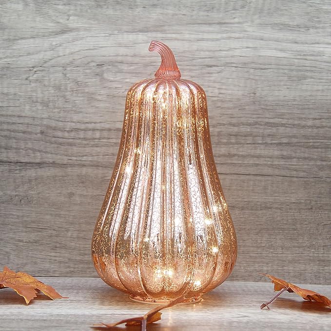 Mercury Glass Pumpkin Lights with Timer, Battery Operated Led Pumpkin Lights for Halloween Fall,Thanksgiving Rustic Decor (Rosegold Common, 11")