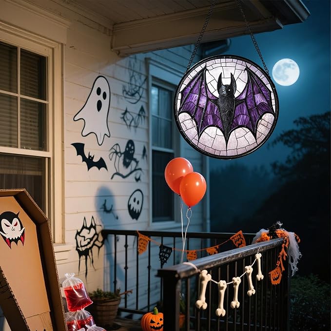Stained Glass Window Hanging - Halloween Black Bat Purple Wings Monster Suncatcher for Doors Garden Home Spooky Sun Catchers Gothic Decor Horror Gift for Women Men Friend Boy Girl 15 in
