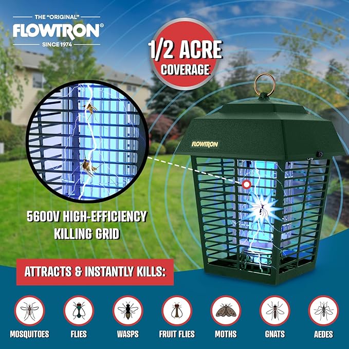 Flowtron Electric Bug Zapper 1/2 Acre Outdoor Insect Control with Dual Lure Method, 15W UV Light & Octenol Attractant for Fly & Mosquito, 5600V Kill Grid, Made in USA, UL Certified - Green Color