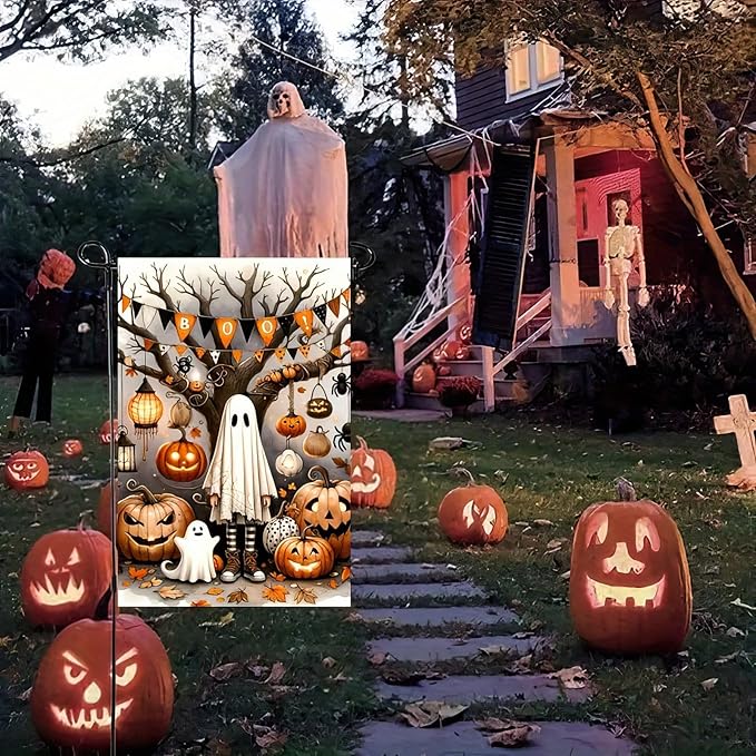 Halloween Ghost Garden Flag 12x18 Inch Double Sided Vertical Flag Spooky Pumpkin Garden Flag for Outside, Halloween Decoration for Home, Fall Porch Lawn Patio Banner