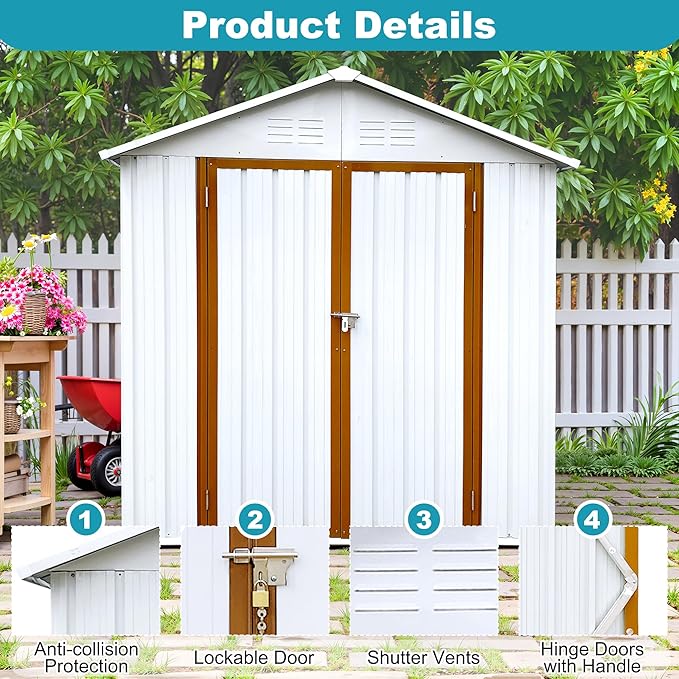 6x4 FT Outdoor Storage Shed, Metal Tool Shed with Lockable Doors, Peaked Roof & Frame Floor, Garden Shed with Vented Design for Backyard Garden Patio Lawn, White+Yellow
