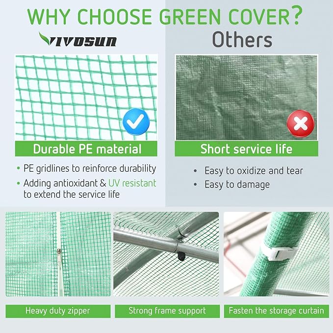 VIVOSUN 13x10x7 Ft. Large Walk in Greenhouse, Greenhouse Tunnel, Garden Plant Hot House with Green PE Cover, Roll-up Zipper Door and Window for Outdoor