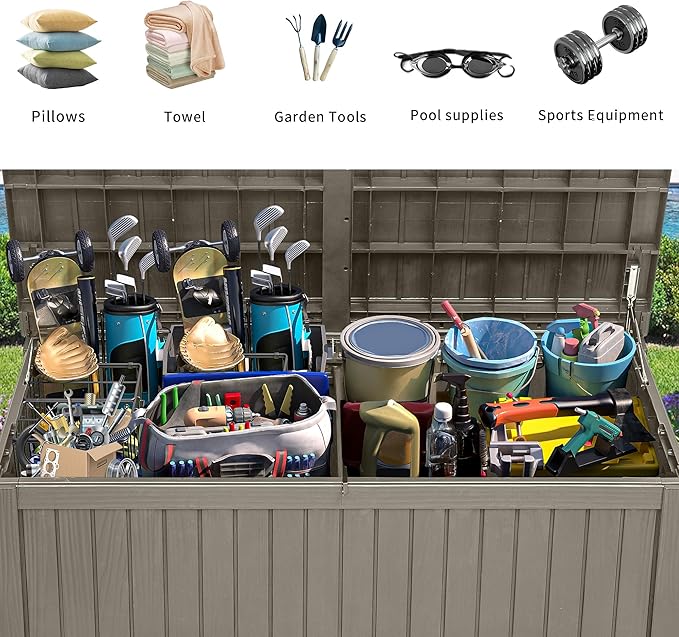 YITAHOME 180 Gallon Large Outdoor Storage XL Deck Box w/Divider for Patio Furniture,Outdoor Cushions, Garden Tools, Sports Equipment and Pool Supplies, Waterproof, Resin, Lockable, Taupe